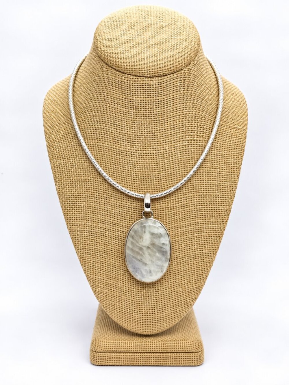 STERLING SILVER NECKLACE Rainbow Moonstone Large Pendant Milor Italy 925 16"